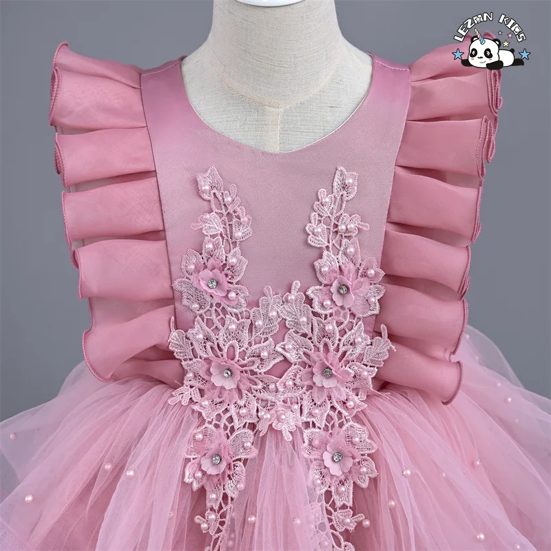 LEZONKIDS - Customizable New High-end Sleeveless Flower Decoration Party Children's Clothing Girls Dress